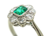 Art Deco Platinum & 18ct White Gold, Emerald & Diamond Cluster Ring