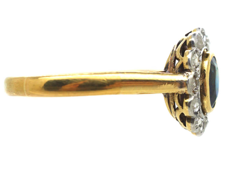 Edwardian 18ct Gold & Platinum, Sapphire & Rose Diamond Oval Cluster Ring