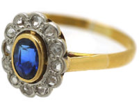 Edwardian 18ct Gold & Platinum, Sapphire & Rose Diamond Oval Cluster Ring