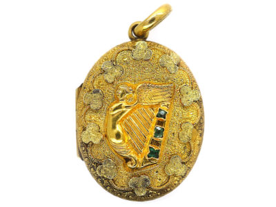 Victorian Irish Two Colour 15ct Gold Oval Locket with a Harp & Shamrocks