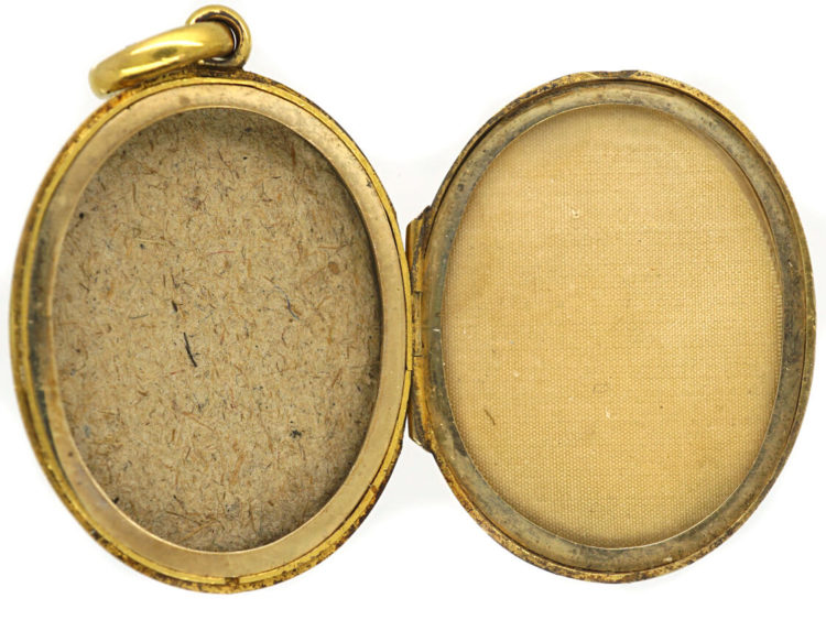 Victorian Irish Two Colour 15ct Gold Oval Locket with a Harp & Shamrocks