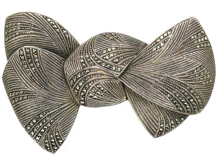 Art Deco Silver & Marcasite Bow Brooch by Theodor Fahrner