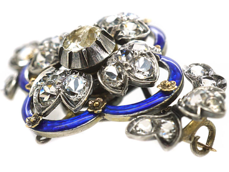 Victorian Silver, Blue Enamel & Paste Flower Brooch