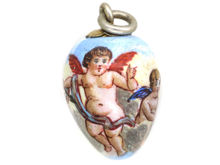 Edwardian Silver & Enamel Cupid Egg Shaped Pendant