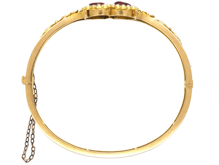 Edwardian 15ct Gold, Red Enamel & Natural Split Pearl Double Heart Bangle