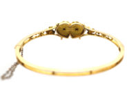 Edwardian 15ct Gold, Red Enamel & Natural Split Pearl Double Heart Bangle
