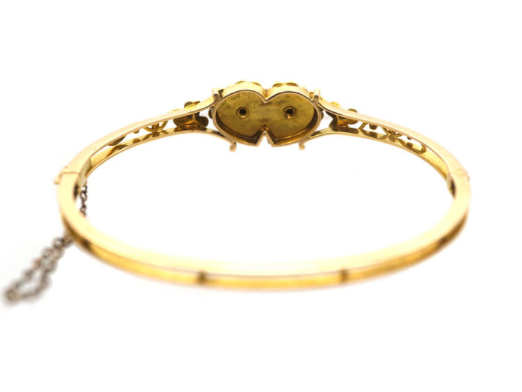Edwardian 15ct Gold, Red Enamel & Natural Split Pearl Double Heart Bangle