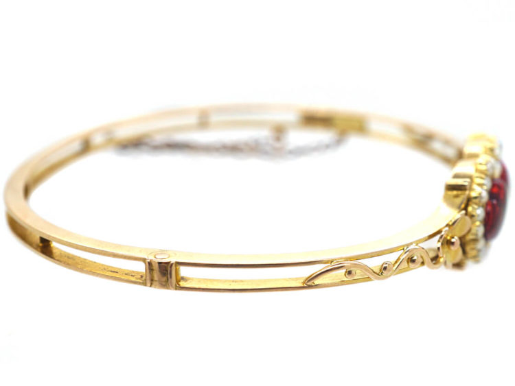Edwardian 15ct Gold, Red Enamel & Natural Split Pearl Double Heart Bangle