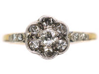 Edwardian 18ct Gold & Platinum, Diamond Cluster Ring with Diamond Set Shoulders