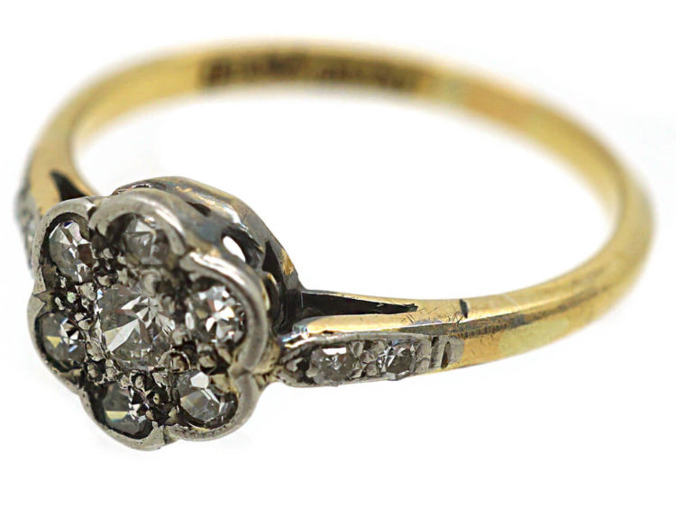 Edwardian 18ct Gold & Platinum, Diamond Cluster Ring with Diamond Set Shoulders