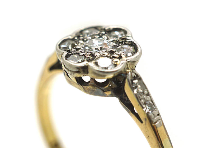Edwardian 18ct Gold & Platinum, Diamond Cluster Ring with Diamond Set Shoulders