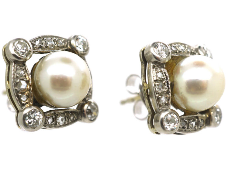Art Deco 18ct White Gold, Diamond & Pearl Earrings