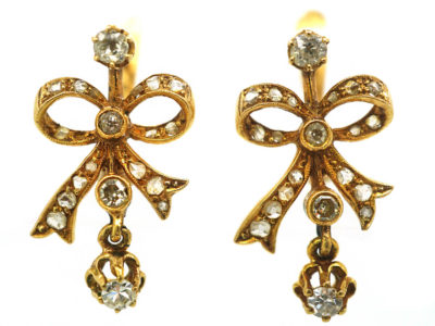 Belle Epoque French 18ct Gold & Diamond Bow Earrings
