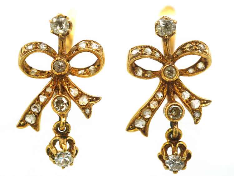 Belle Epoque French 18ct Gold & Diamond Bow Earrings