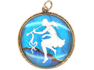 Art Deco 9ct Gold, Butterfly Wing & Sulphide Pendant of a Dancing Nymph with Trumpet