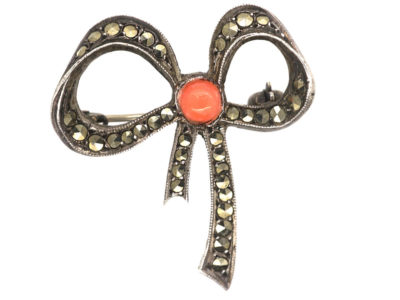 Art Deco Silver, Coral & Marcasite Bow Brooch
