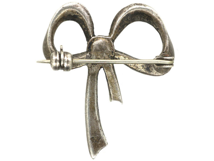 Art Deco Silver, Coral & Marcasite Bow Brooch