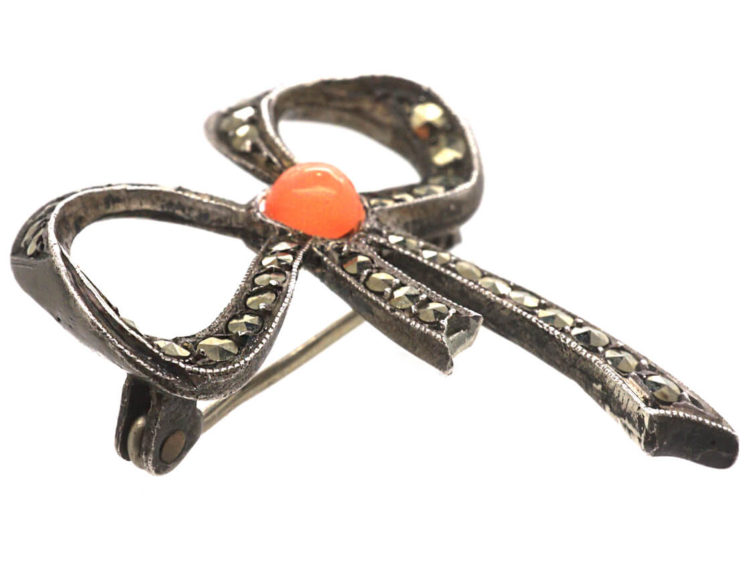 Art Deco Silver, Coral & Marcasite Bow Brooch