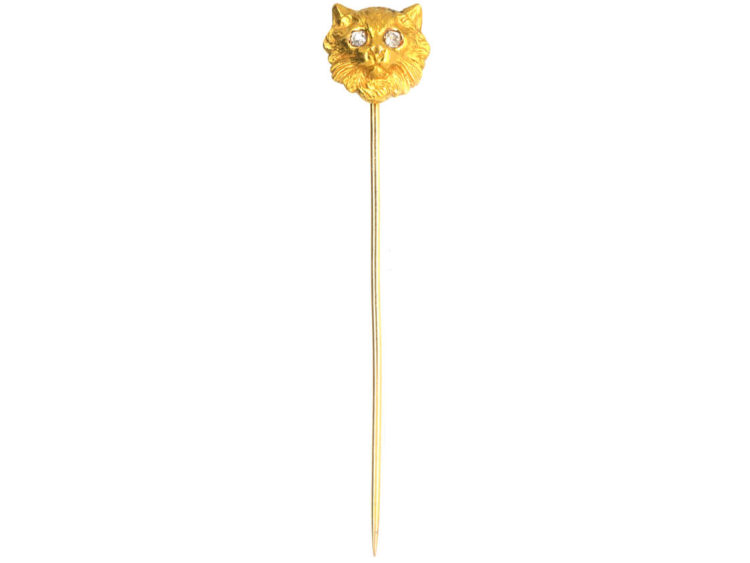 Edwardian 18ct Gold Cat Tie Pin with Diamond Eyes