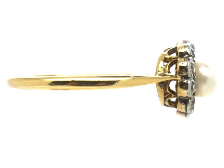 Edwardian 18ct Gold, Natural Pearl & Diamond Cluster Ring