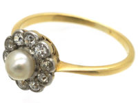 Edwardian 18ct Gold, Natural Pearl & Diamond Cluster Ring
