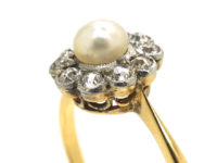 Edwardian 18ct Gold, Natural Pearl & Diamond Cluster Ring