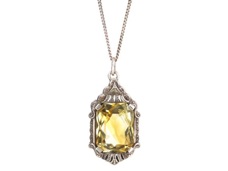 Art Deco Silver & Citrine Pendant on Silver Chain