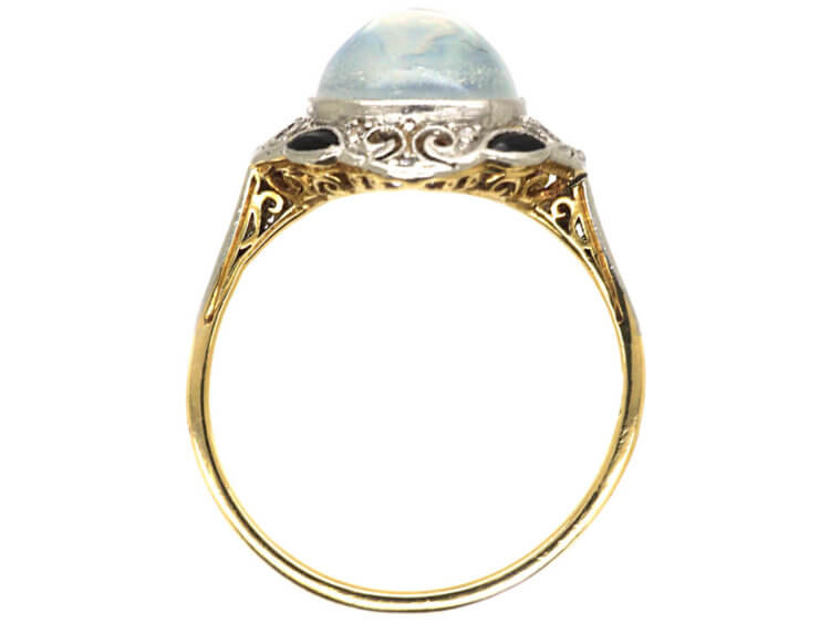 Art Deco 18ct Gold & Platinum, Onyx, Rose Diamond & Moonstone Ring