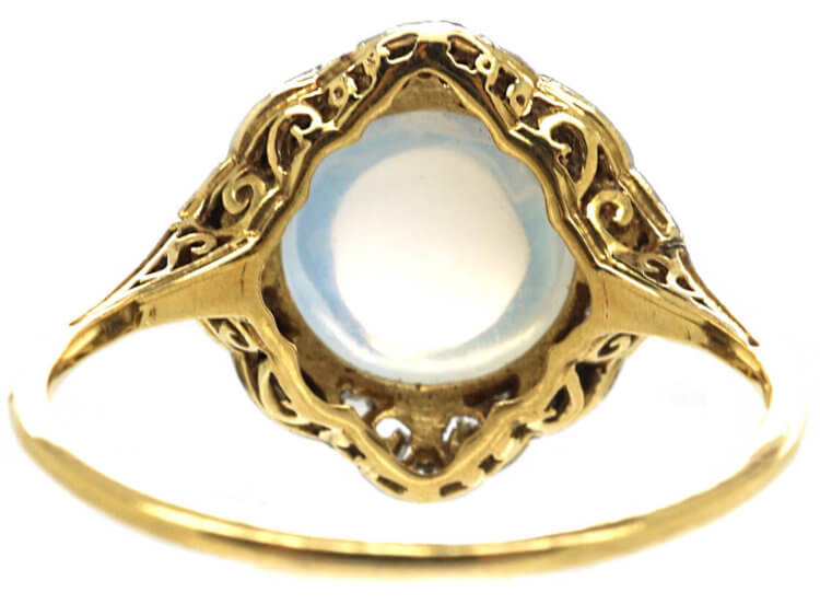 Art Deco 18ct Gold & Platinum, Onyx, Rose Diamond & Moonstone Ring