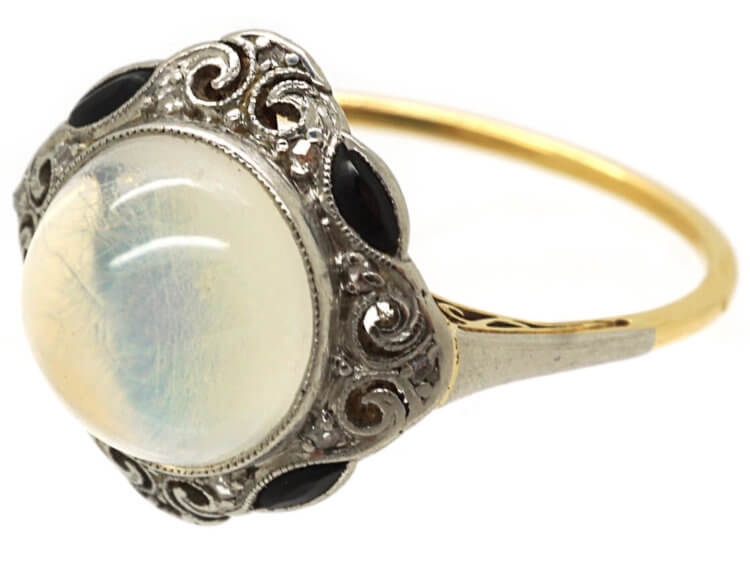 Art Deco 18ct Gold & Platinum, Onyx, Rose Diamond & Moonstone Ring