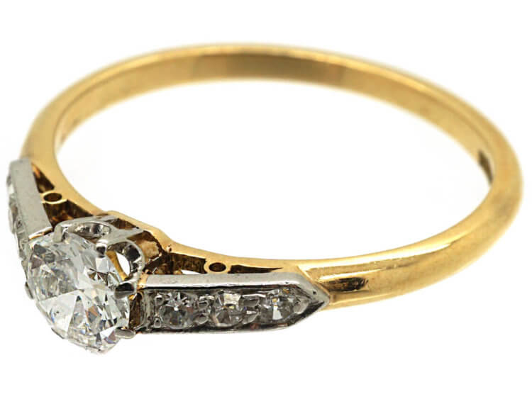 Edwardian 18ct Gold & Platinum Diamond Solitaire Ring with Diamond Set Shoulders