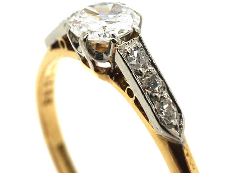 Edwardian 18ct Gold & Platinum Diamond Solitaire Ring with Diamond Set Shoulders