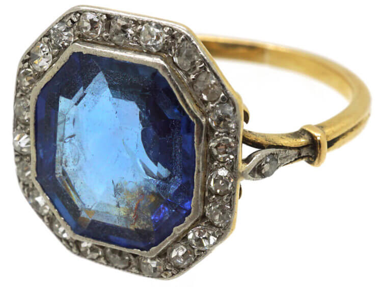 Art Deco 18ct Gold & Platinum, Sapphire & Diamond Octagonal Ring