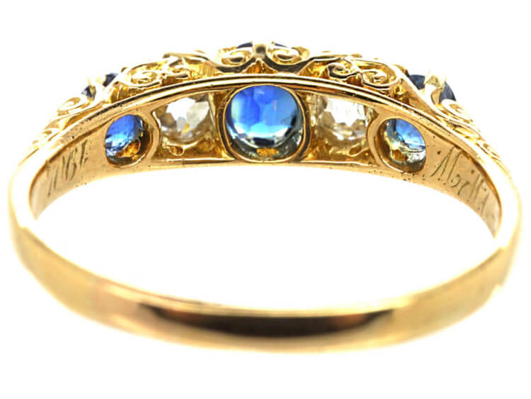 Victorian 18ct Gold, Five Stone Sapphire & Diamond Carved Half Hoop Ring