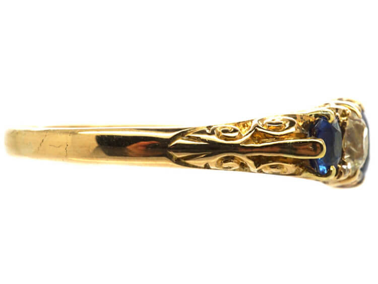 Victorian 18ct Gold, Five Stone Sapphire & Diamond Carved Half Hoop Ring