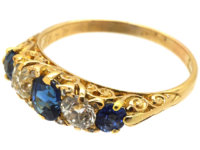 Victorian 18ct Gold, Five Stone Sapphire & Diamond Carved Half Hoop Ring