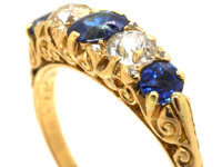 Victorian 18ct Gold, Five Stone Sapphire & Diamond Carved Half Hoop Ring