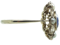 Edwardian 18ct Gold & Platinum, Sapphire, Natural Split Pearl & Diamond Cluster Ring