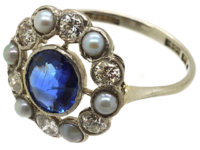 Edwardian 18ct Gold & Platinum, Sapphire, Natural Split Pearl & Diamond Cluster Ring