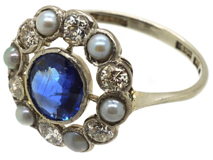 Edwardian 18ct Gold & Platinum, Sapphire, Natural Split Pearl & Diamond Cluster Ring