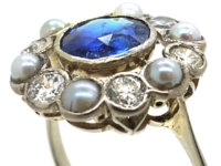 Edwardian 18ct Gold & Platinum, Sapphire, Natural Split Pearl & Diamond Cluster Ring