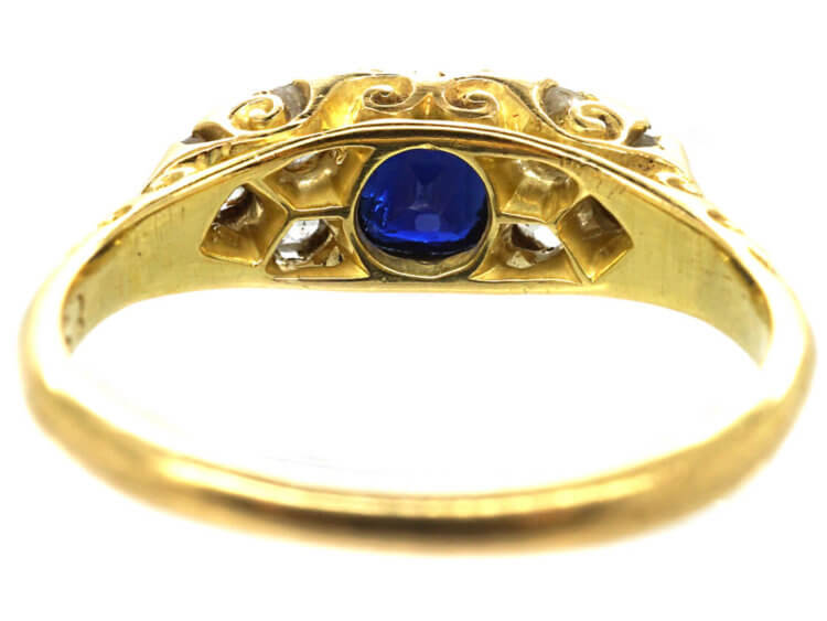 Edwardian 18ct Gold Carved Half Hoop Sapphire & Diamond Ring