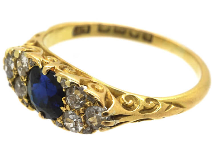 Edwardian 18ct Gold Carved Half Hoop Sapphire & Diamond Ring