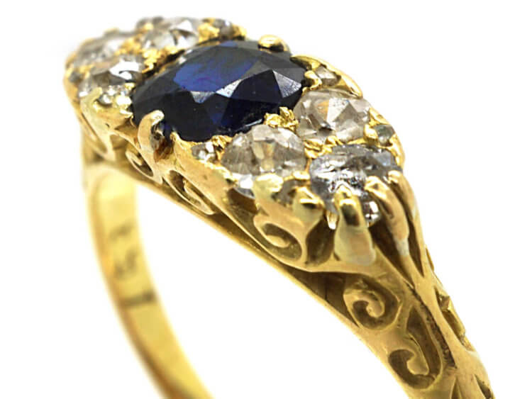 Edwardian 18ct Gold Carved Half Hoop Sapphire & Diamond Ring