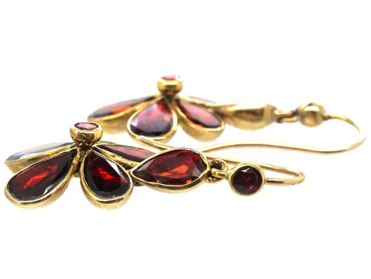 Edwardian Gold & Flat Cut Garnet Pansy Earrings