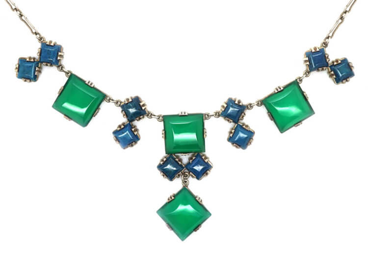 Art Deco Silver & Blue & Green Chalcedony Necklace