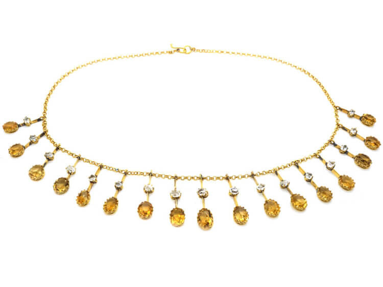 Edwardian 15ct Gold Fringe Necklace set with Citrines & Rock Crystal