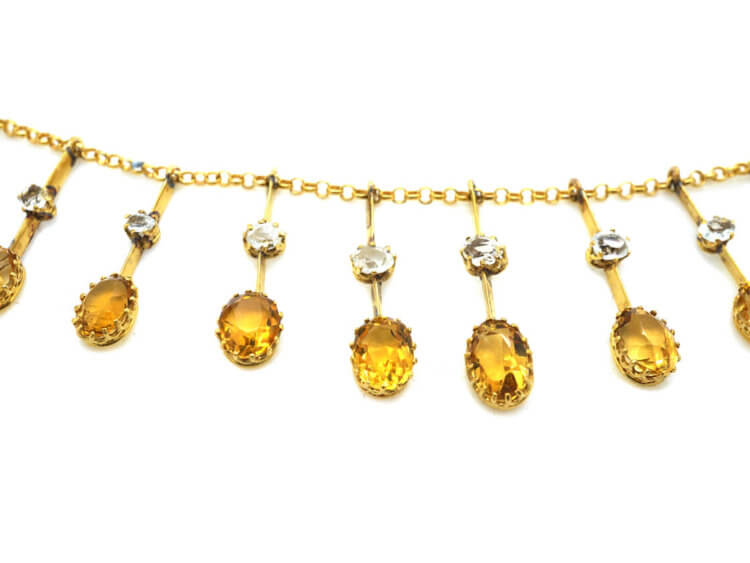 Edwardian 15ct Gold Fringe Necklace set with Citrines & Rock Crystal