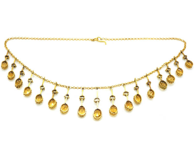 Edwardian 15ct Gold Fringe Necklace set with Citrines & Rock Crystal