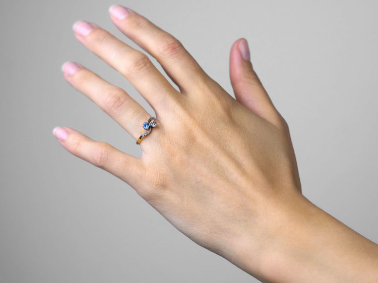 Edwardian 18ct Gold & Platinum, Aquamarine & Diamond Crossover Ring
